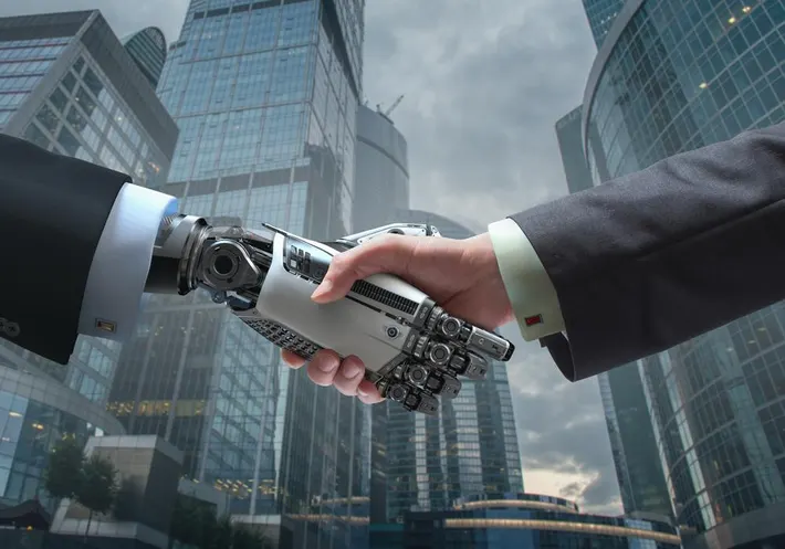 AI and human shake hands